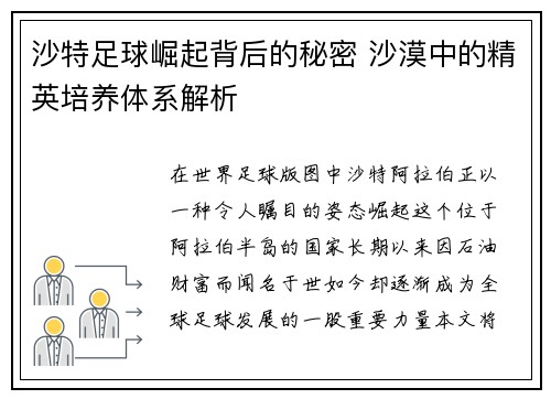 沙特足球崛起背后的秘密 沙漠中的精英培养体系解析