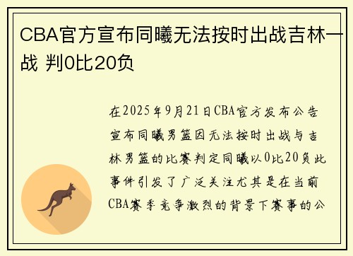 CBA官方宣布同曦无法按时出战吉林一战 判0比20负